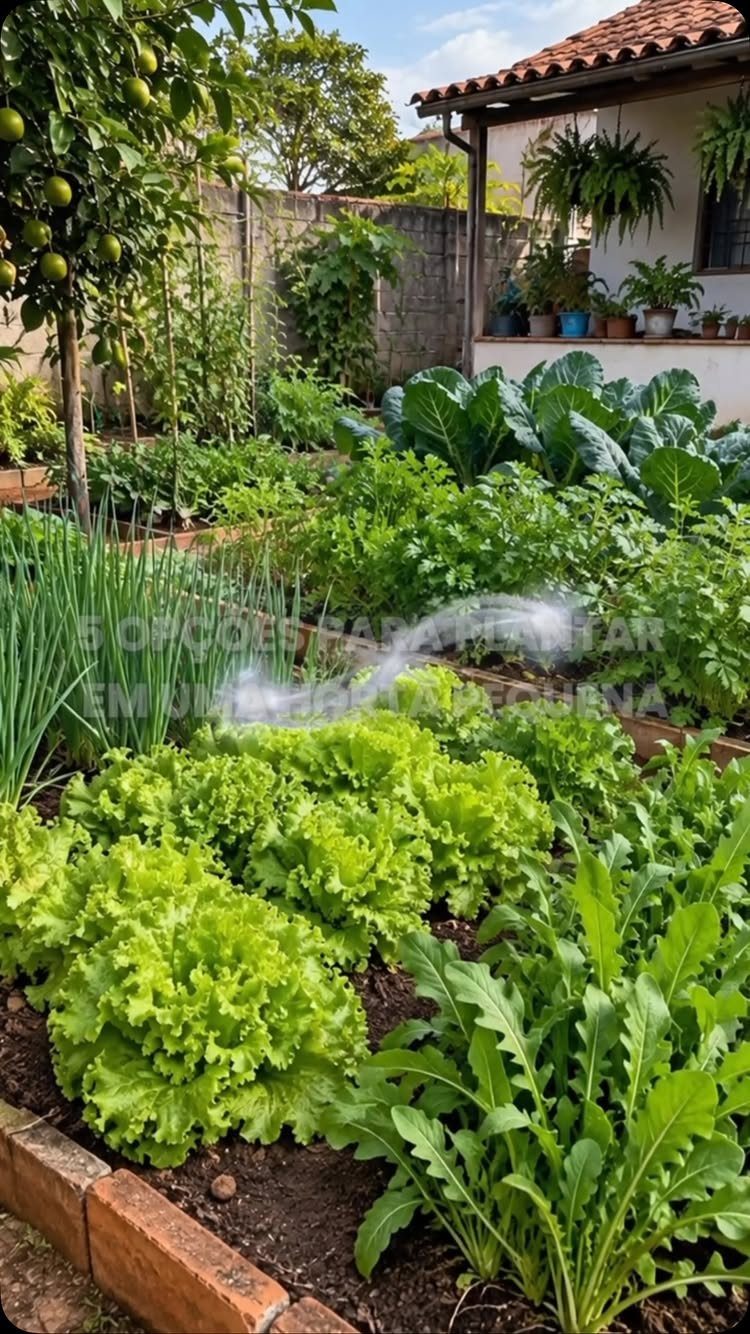 Green lettuce and leafy vegetables being watered in a garden bed with brick borders.