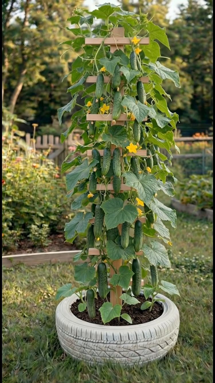Cucumber plants with green cucumbers and yellow flowers growing on a trellis inside a white tire planter.