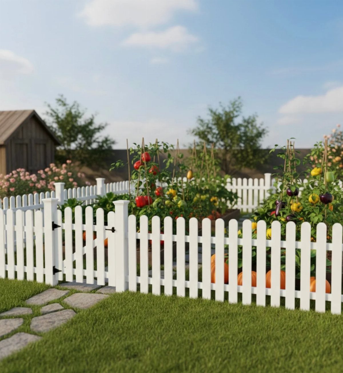 White picket fence enclosing a vegetable garden with tomatoes and pumpkins under a blue sky.