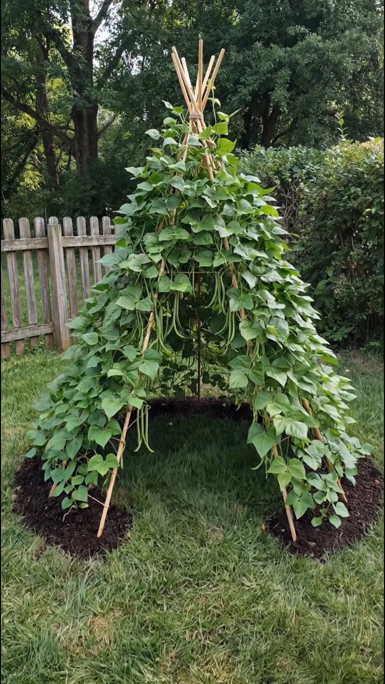 7 Small Yard Garden Ideas for Edibles, Patios and Seating 3 Green climbing bean plants growing up a wooden teepee structure in a backyard garden.