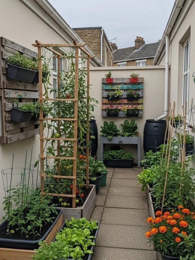 7 Small Yard Garden Ideas for Edibles, Patios and Seating 1 Climbing tomato plants grow on a tall bamboo trellis in a narrow paved courtyard garden.