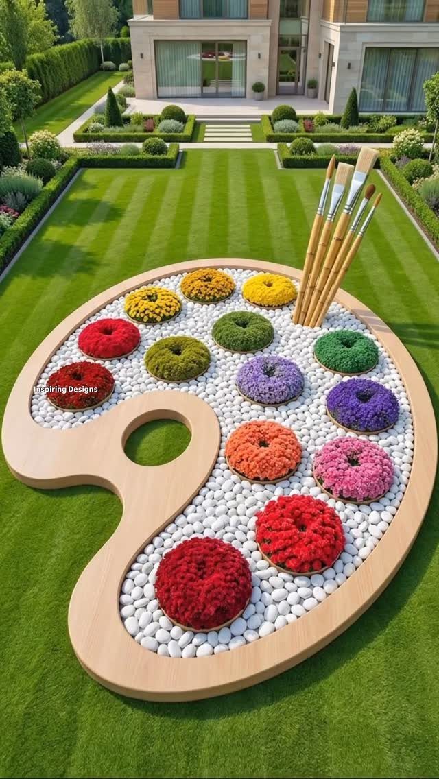 13 Unique Garden Ideas for Planters, Privacy Screens and Pallet Projects 11 An artist palette-shaped garden bed filled with colorful circular flowers and white stones on a lawn.