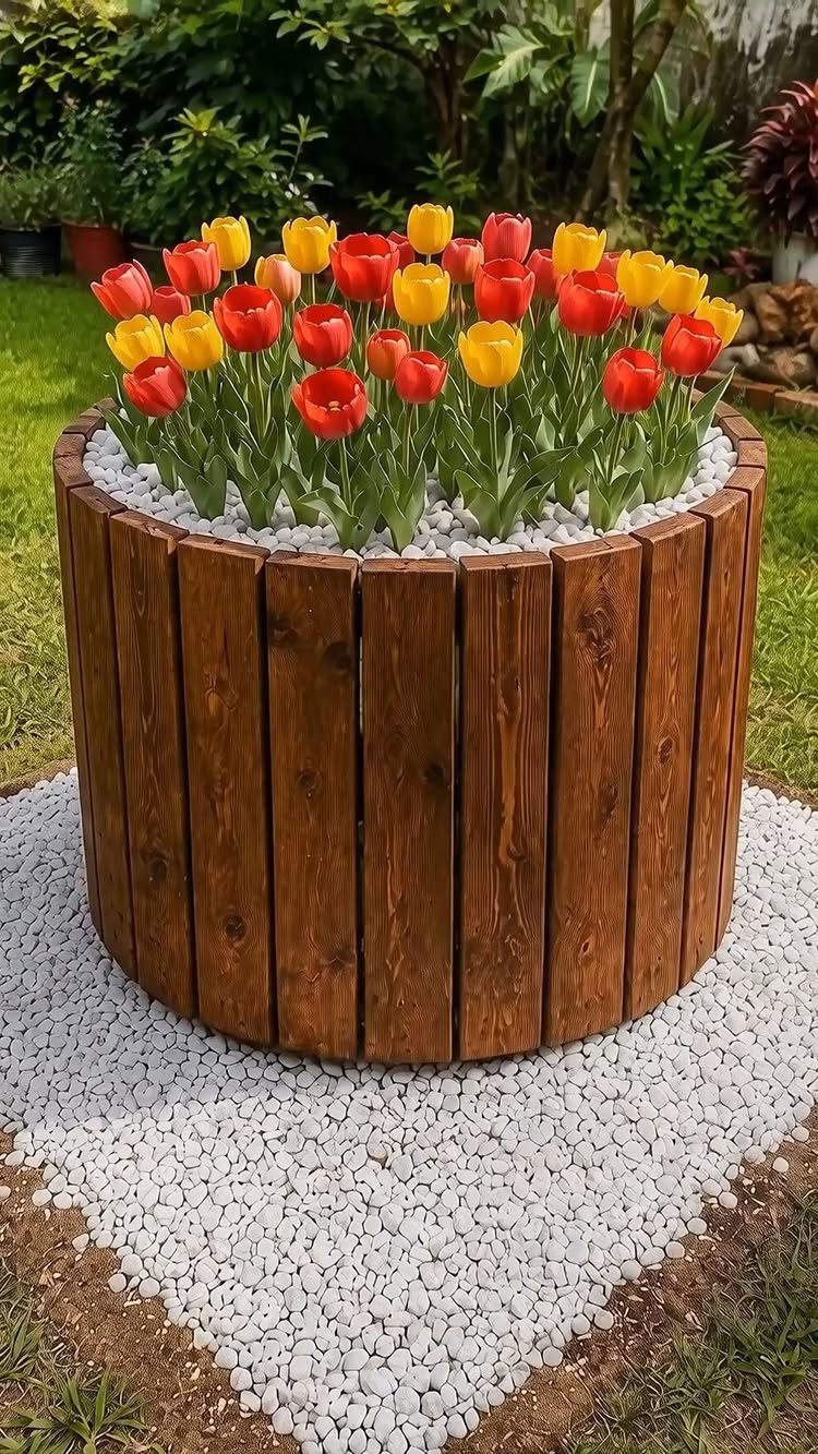 13 Unique Garden Ideas for Planters, Privacy Screens and Pallet Projects 10 Red and yellow tulips blooming in a large circular wooden planter on white gravel.