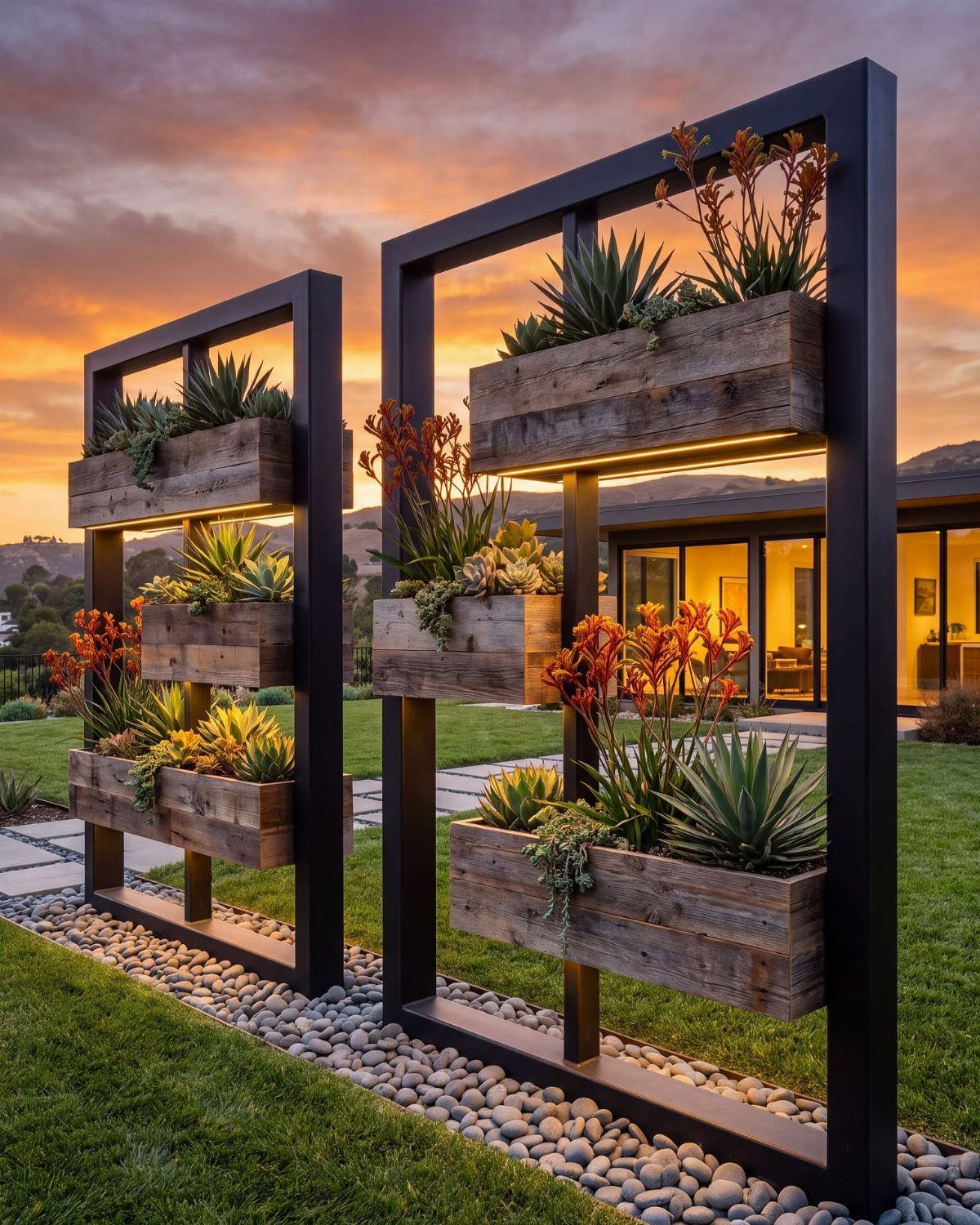 13 Unique Garden Ideas for Planters, Privacy Screens and Pallet Projects 2 Two large black metal frames holding wooden succulent planters in a garden at sunset.