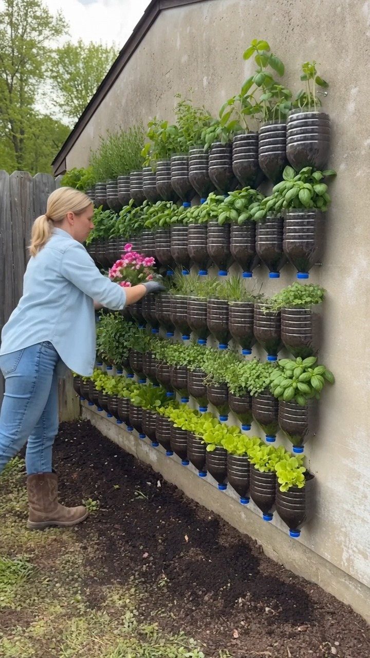 13 Unique Garden Ideas for Planters, Privacy Screens and Pallet Projects 12 A woman tends to a vertical garden made of recycled plastic bottles mounted on a wall.