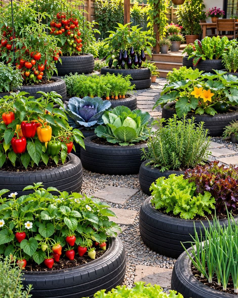 13 Unique Garden Ideas for Planters, Privacy Screens and Pallet Projects 6 Black tires repurposed as garden planters filled with various colorful vegetables and green leafy plants.
