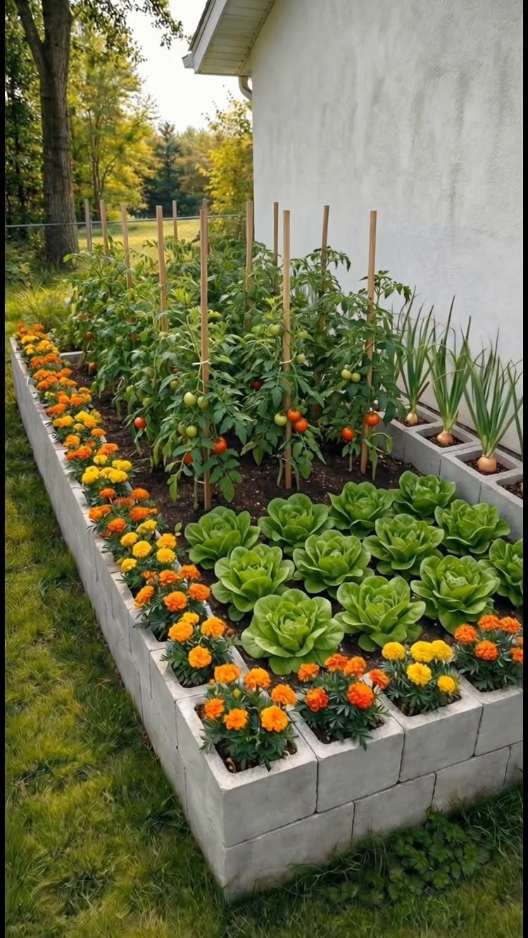 A concrete block raised garden bed filled with tomatoes, lettuce, onions, and orange marigolds.