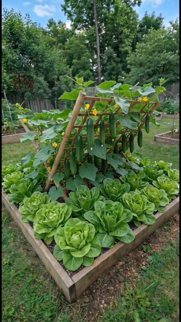 Green lettuce and cucumber vines growing on a wooden trellis inside a raised garden bed.