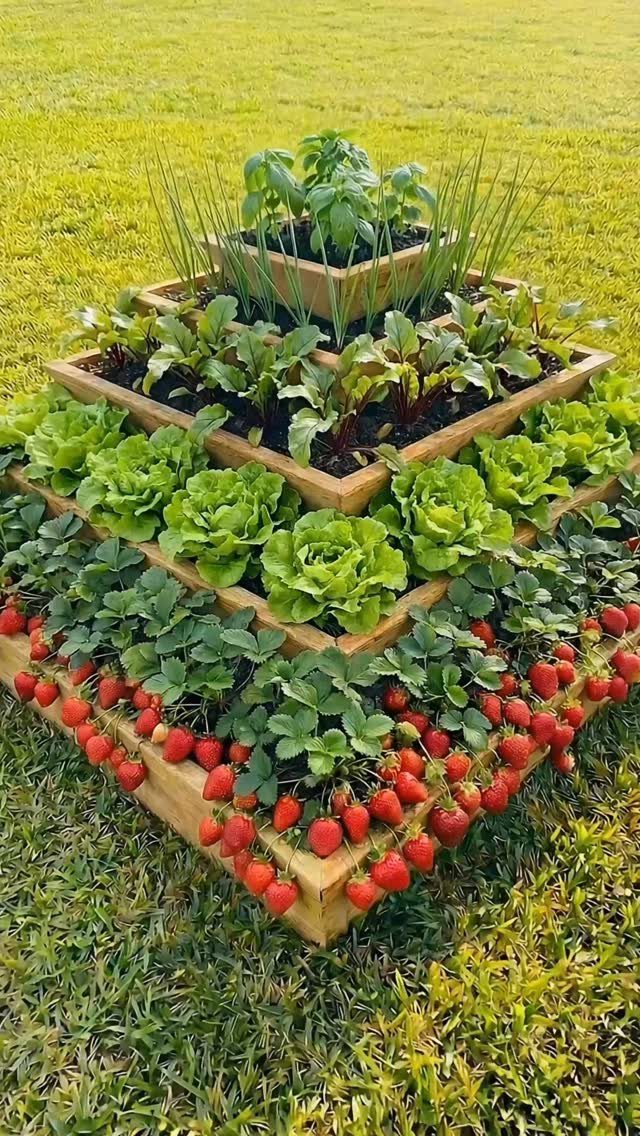 Tiered wooden garden planter filled with strawberries, lettuce, and green leafy vegetables on a lawn.