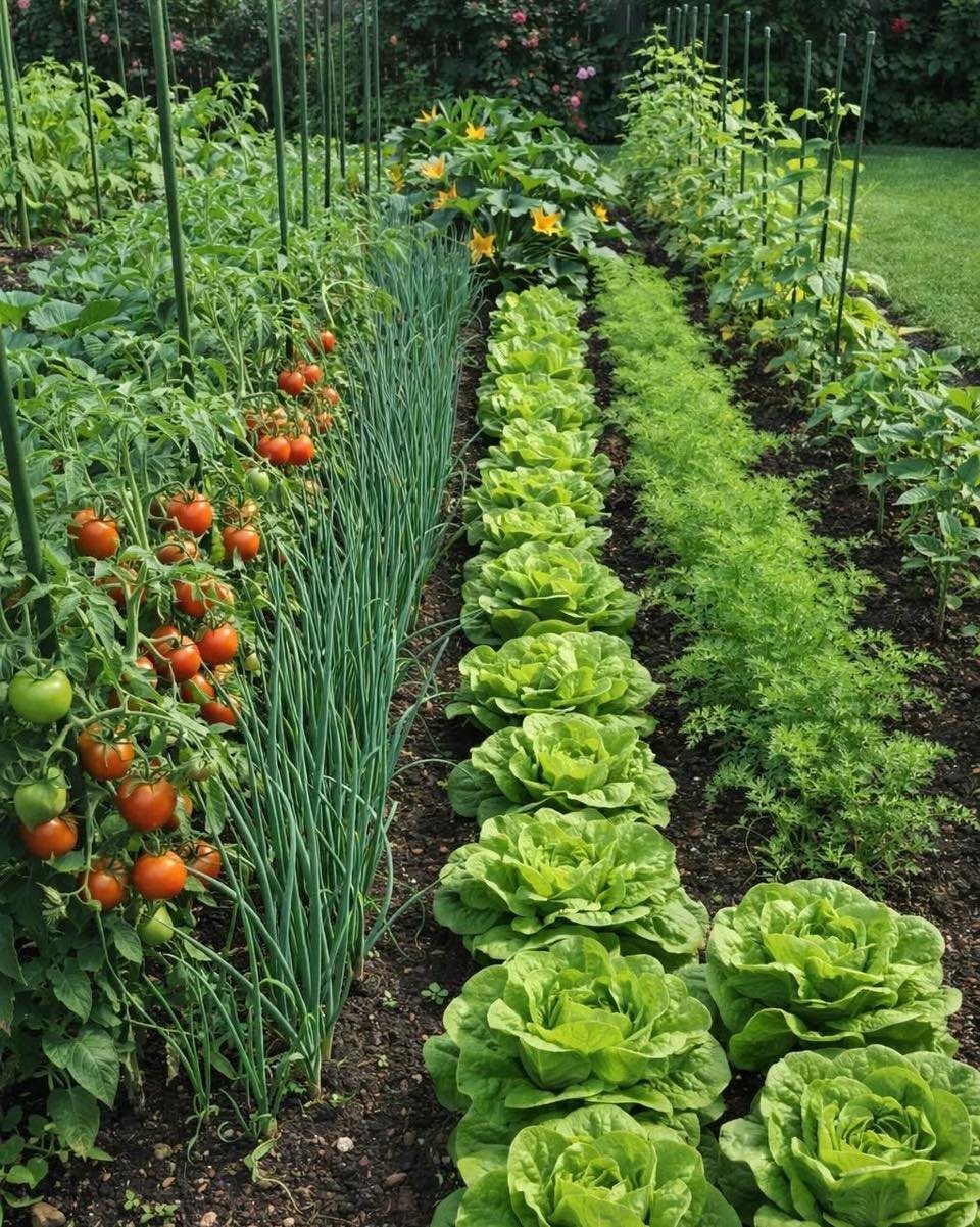 Rows of tomato plants, green onions, lettuce, and carrots growing in a fertile garden bed.