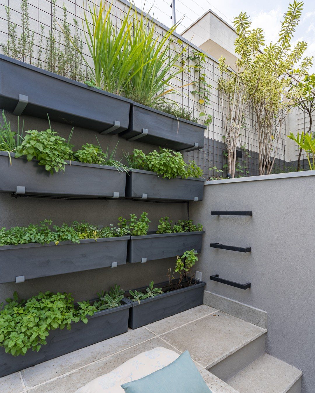 Dark grey rectangular planters mounted on a grey wall filled with lush green plants.