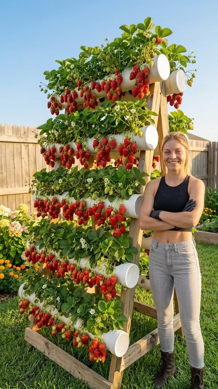 A wooden A-frame vertical garden structure overflowing with ripe red strawberries and green leaves.