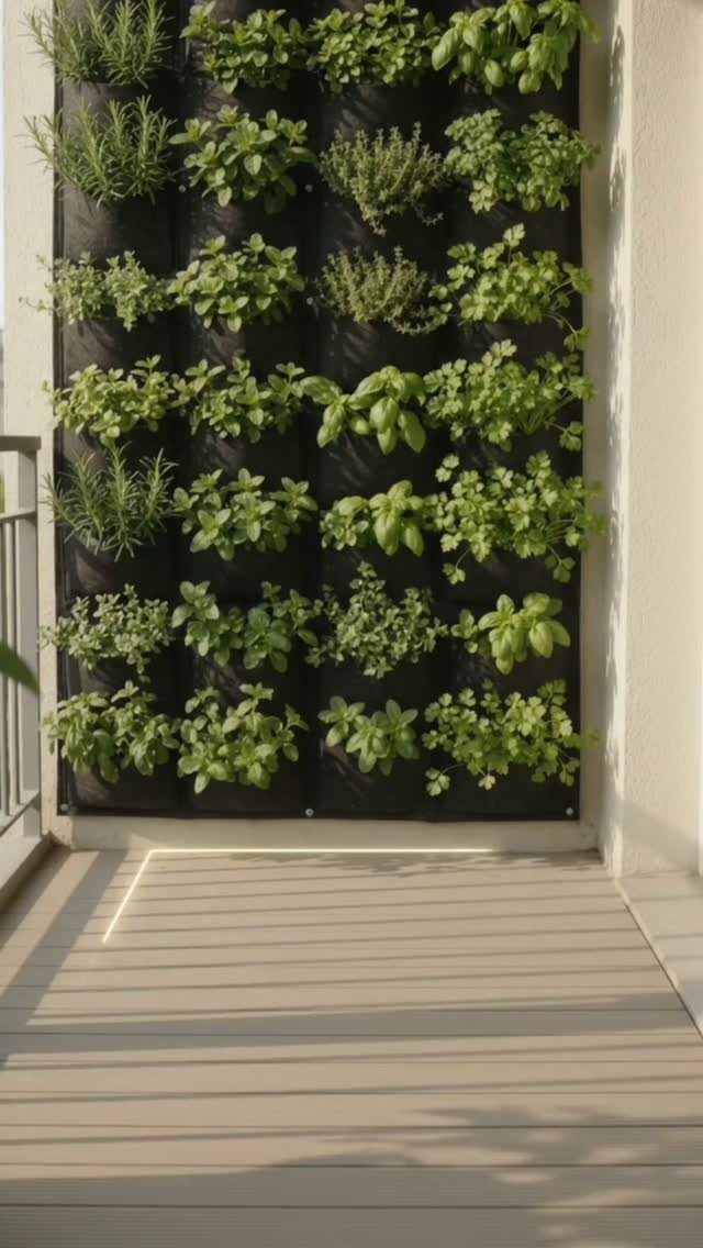 A vertical herb garden with green plants growing in black fabric wall pockets on a deck.