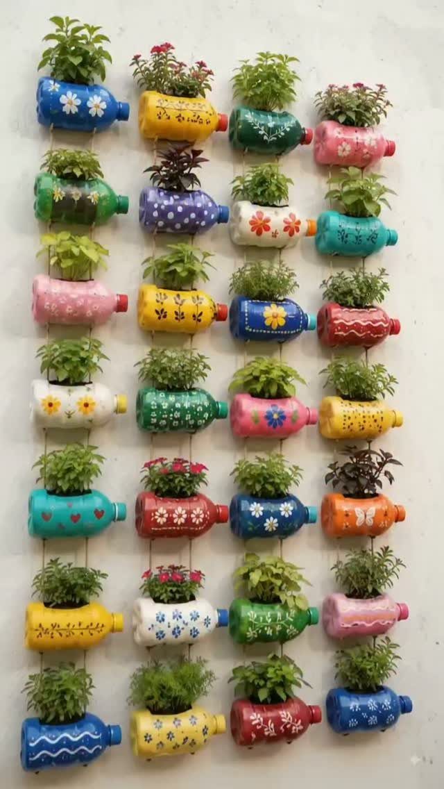 Colorful painted plastic bottles mounted on a wall acting as vertical planters for small green plants.
