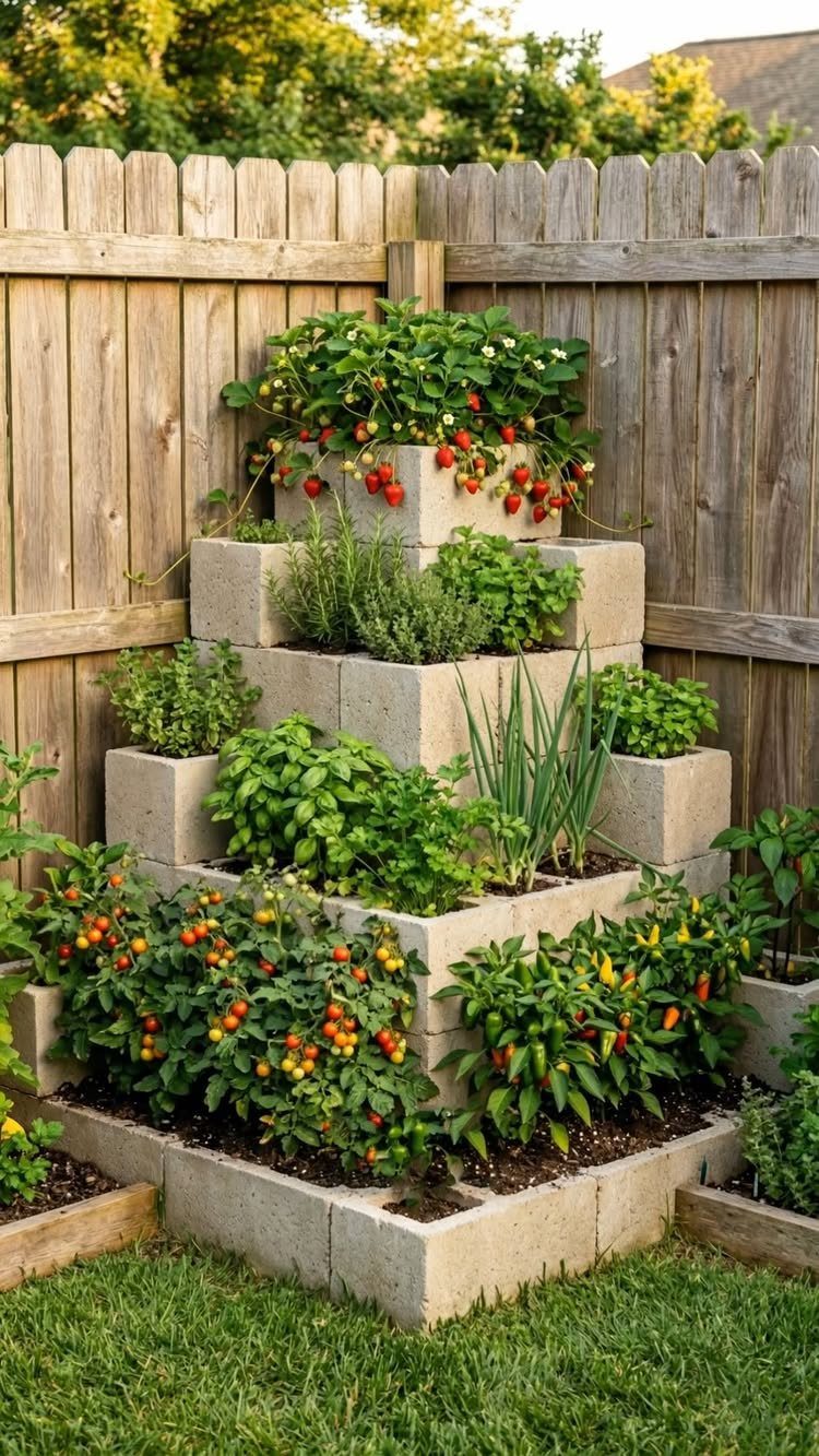 Tiered cinder block garden filled with strawberries, herbs, and tomato plants against a wooden fence.