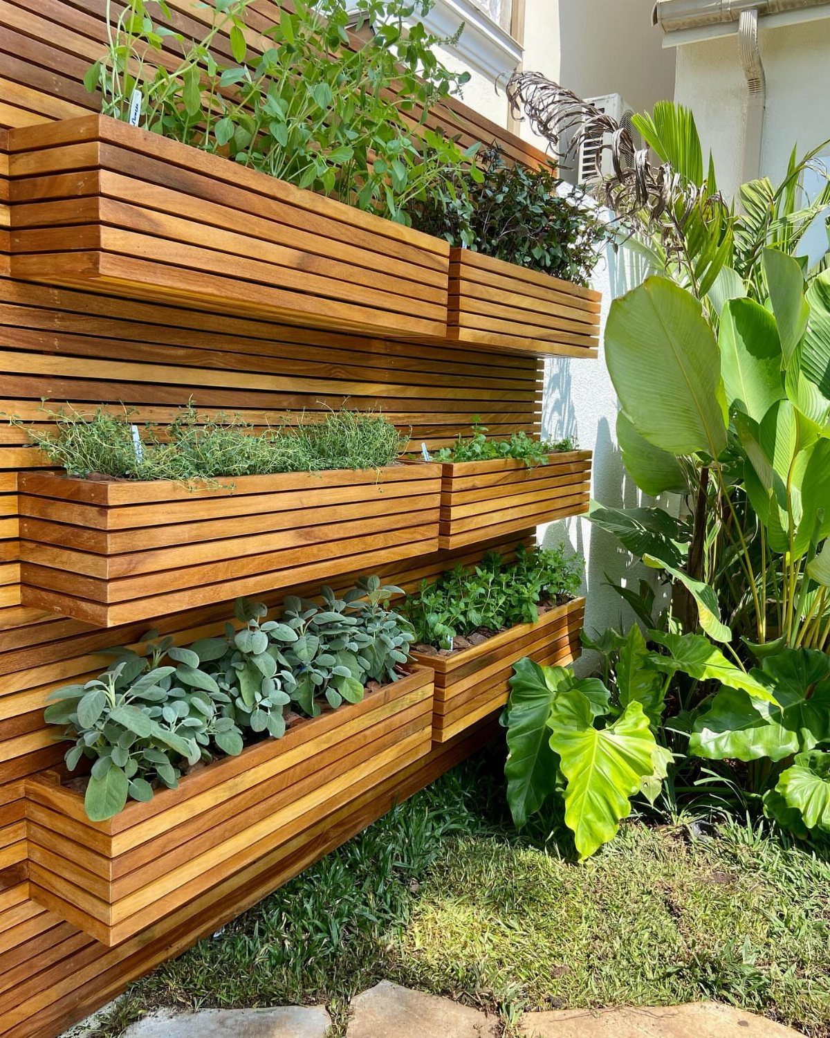 Wooden slatted planter boxes mounted on a wall filled with various green herbs and plants.
