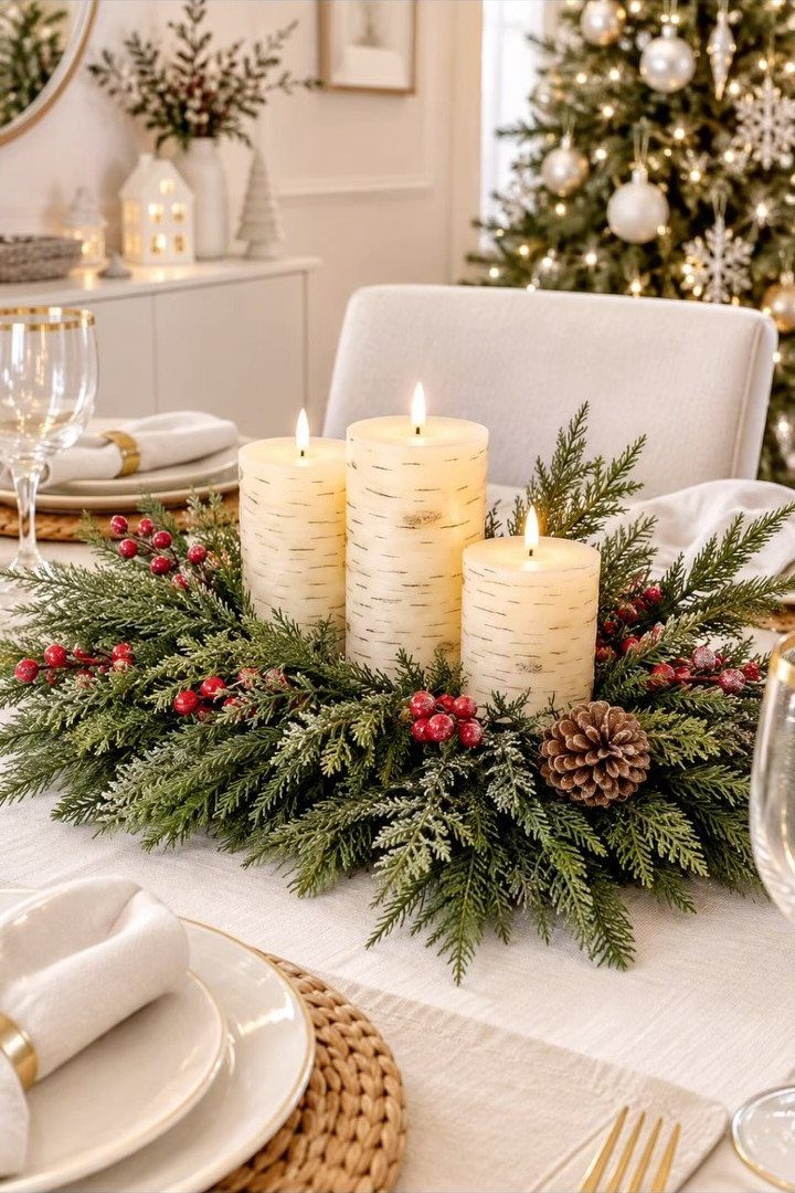 12 Xmas Table Decorations for Pine Cones, Mercury Glass, and Blue-Gold Palettes 1 Birch-patterned candles surrounded by evergreen branches, red berries, and a pine cone on a dining table.