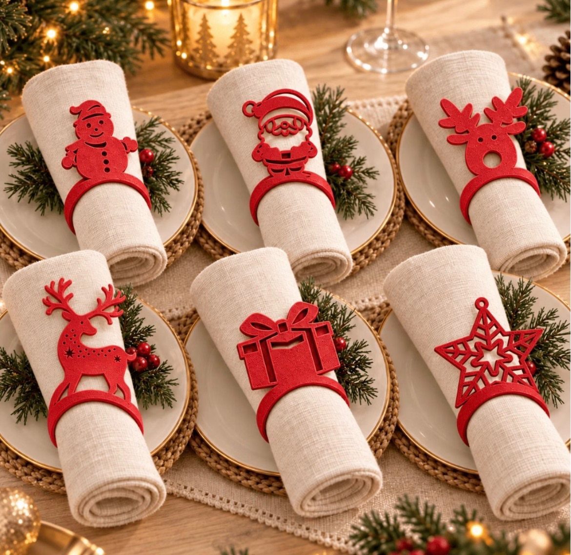 12 Xmas Table Decorations for Pine Cones, Mercury Glass, and Blue-Gold Palettes 4 Six rolled linen napkins with red felt Christmas-themed napkin rings on decorated plates.