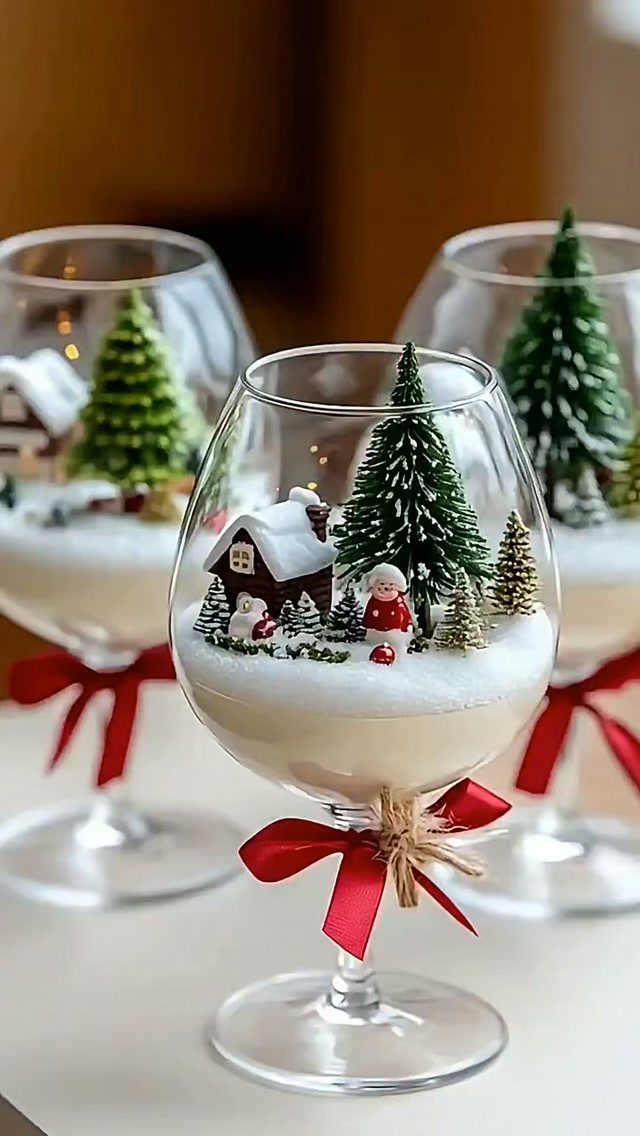 12 Xmas Table Decorations for Pine Cones, Mercury Glass, and Blue-Gold Palettes 9 Three wine glasses containing miniature snowy Christmas village scenes with tiny trees and houses.